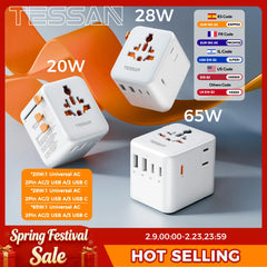 TESSAN GaN Universal Travel Adapter with USB Ports 65W 28W 20W International Plug Adapter Compact Worldwide Adapter for Travel