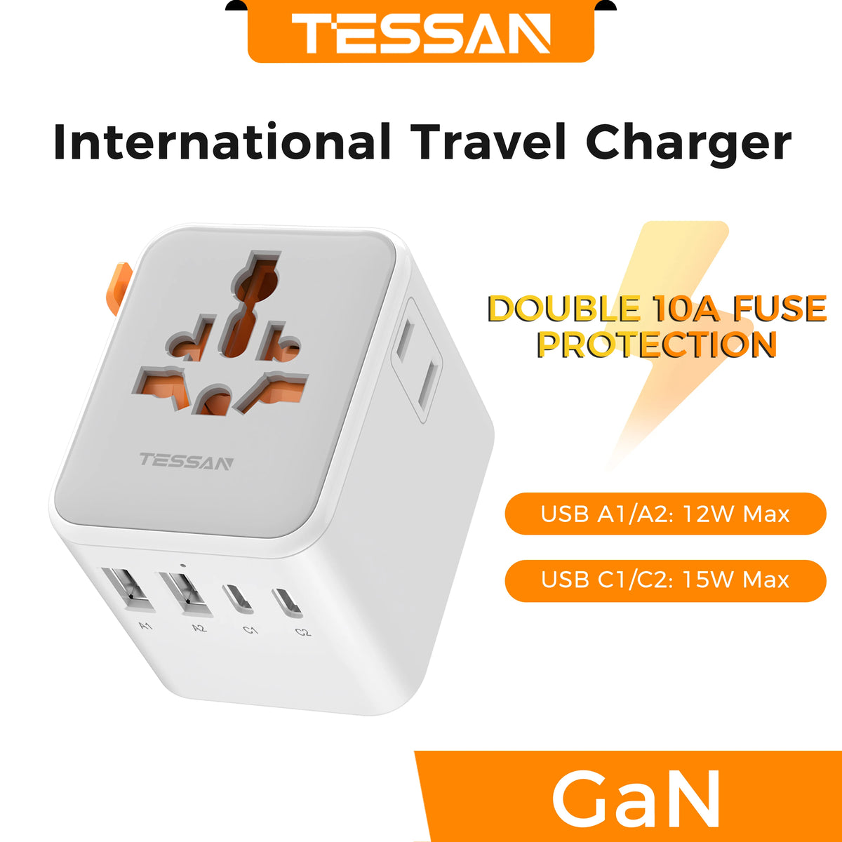 TESSAN GaN Universal Travel Adapter with USB Ports 65W 28W 20W International Plug Adapter Compact Worldwide Adapter for Travel