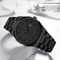 Brand Black Man Watches Fashionable Stainless Steel Strap Arabic Numeral Clock