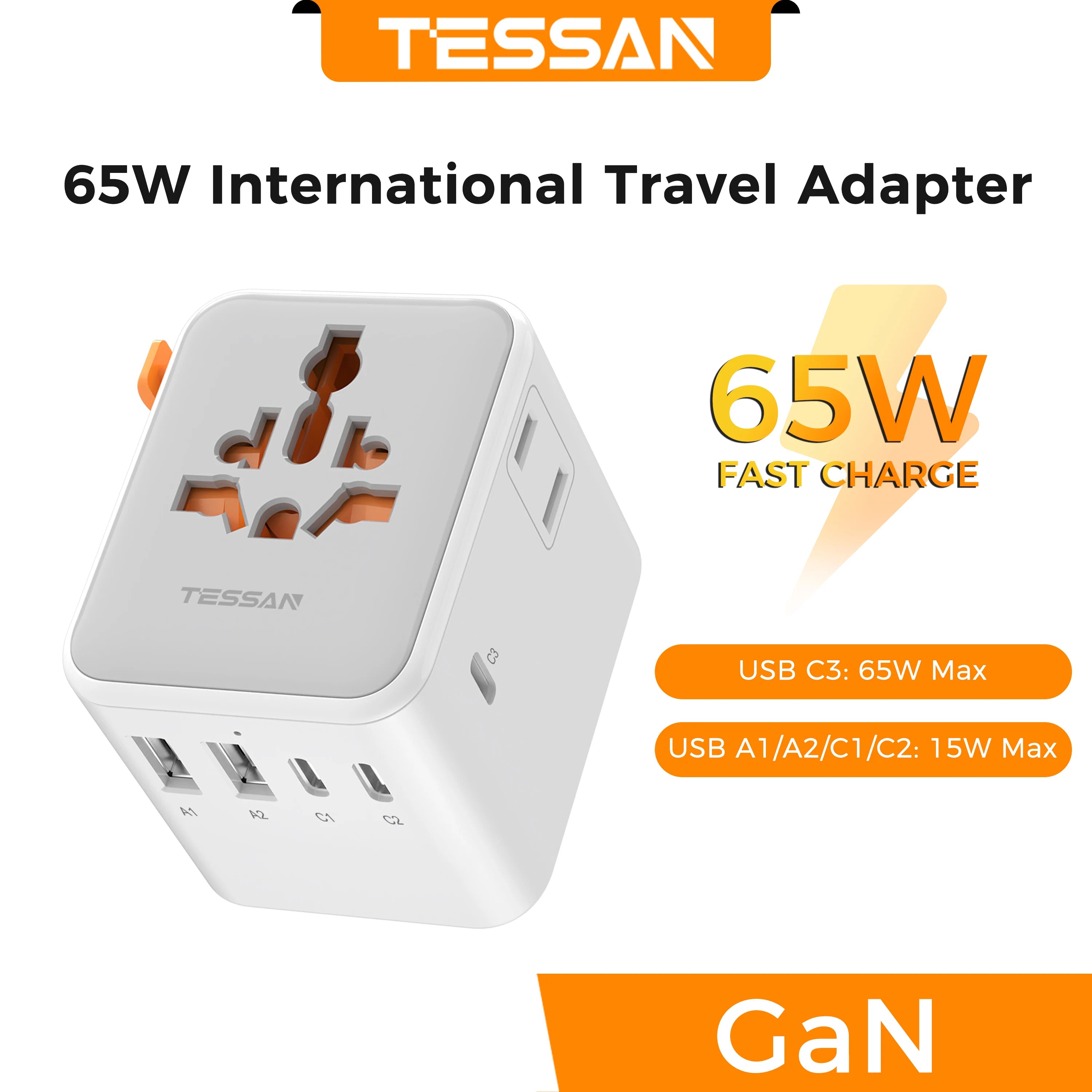 TESSAN GaN Universal Travel Adapter with USB Ports